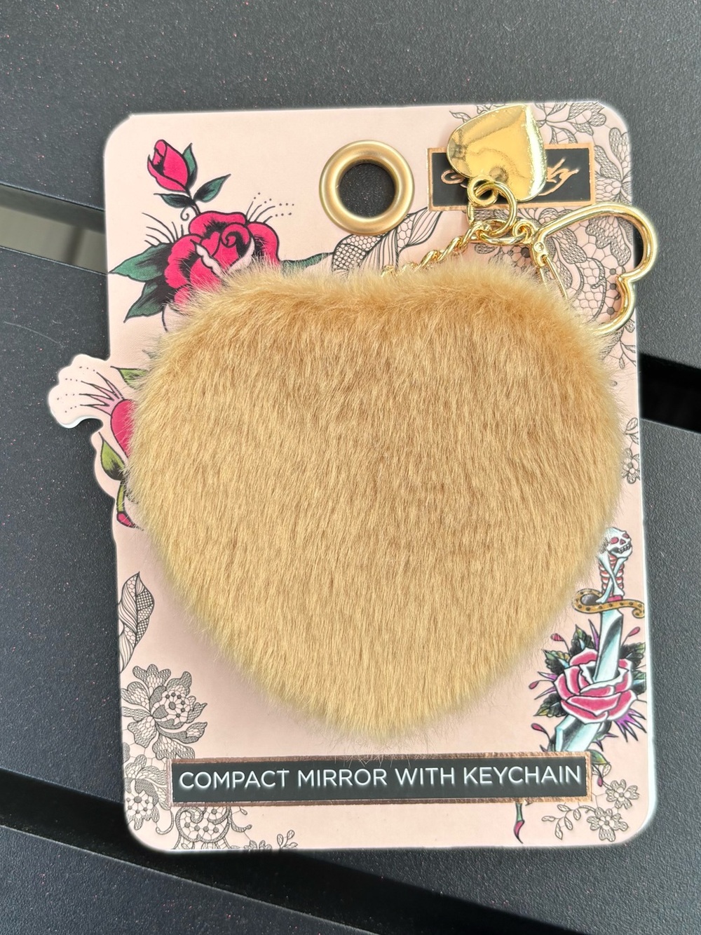 Ed Hardy Faux Fur Heart Keychain Compact Mirror